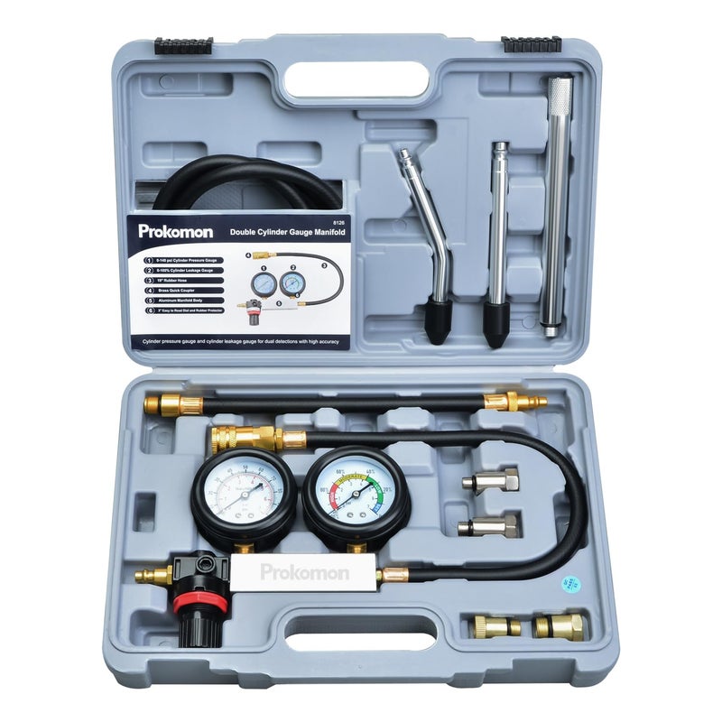 Prokomon Engine Cylinder Leak Down Tester Kit;Cylinder Leakage Tester Set for Pressure Check and Leakage Rate Test；Gasoline Engine Leakdown Tester Kit with Extension Rod Grey - Image 1